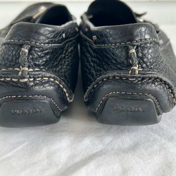 Prada Black Leather Bit Loafers Moccasins Driving Flats Pebbled Slip-On Size 38 - Picture 9 of 15